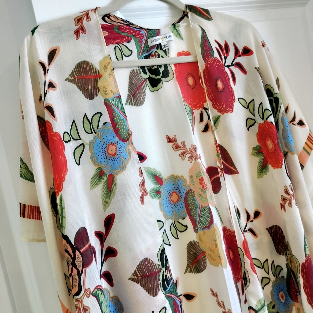 Woven Heart Floral Kimono - Red, Blue, Yellow